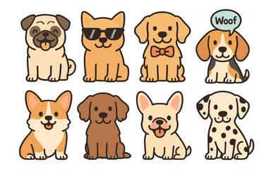 Fototapeta premium Set of eight cartoon dog characters of different breeds in sitting pose on white background. Flat vector illustration in kawaii style. Pet icon collection for design.