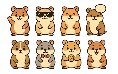 Fototapeta premium Set of eight cartoon hamsters in standing pose with different expressions and accessories on white background. Flat kawaii vector illustration for design and print.
