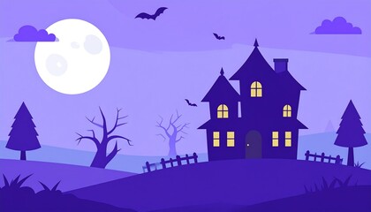 Silhouetted haunted house at night under a full moon.