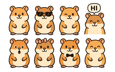 Fototapeta premium Set of eight cartoon hamsters with various expressions, poses and accessories on white background. Flat kawaii style vector illustration for design and print.