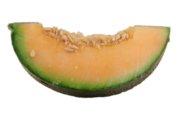Fresh slice of cantaloupe melon on white background shows its juicy interior and vibrant color variations