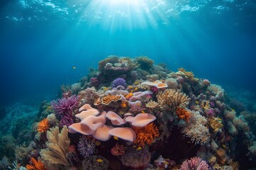 Naklejka premium Vibrant Coral Reef Underwater Scene with Colorful Marine Life.