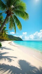 Sun-drenched Hawaiian beach, pristine white sand, turquoise water lapping gently on the shore, palm trees swaying in the breeze Perfect tropical getaway scene , greenery, travel