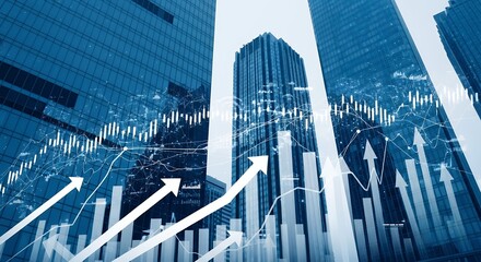 Financial Growth Concept with Modern Skyscrapers and Rising Arrows Representing Investment Success and Business Expansion