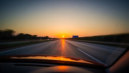 Naklejka premium Driving into the Sunset Golden Hour Highway Perspective Travel Road Trip Adventure Landscape Photography
