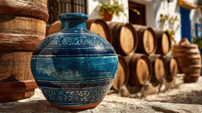 Ceramic demijohn styled barrel with cobalt-blue glaze in Jerez de la Frontera
