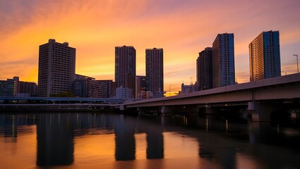 Naklejka premium Dramatic Sunset Sky Over Urban Cityscape with Building Reflections in Water in Japan