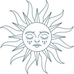Crying Sun face illustration. Vector line art design. Sad celestial symbol clipart for emotional spiritual art. Sleeping human face with closed eyes. Retro boho astrology design, tattoo flash, wall