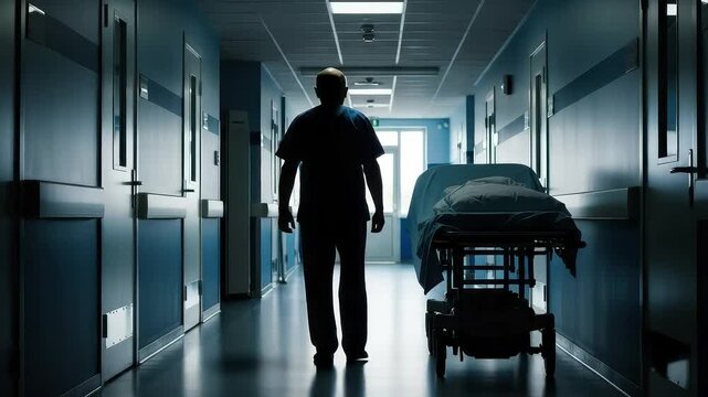 Silhouette of person walking down hospital hallway with gurney and closed doors viewed from afar