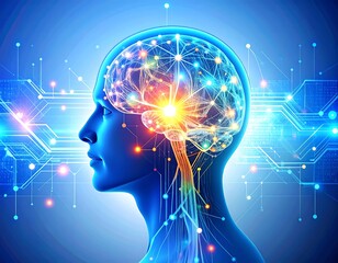 Brain anatomy, technology, glowing connections
