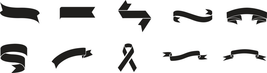 black ribbon banners, perfect for titles, text, and decorative elements. This set includes five different styles for various design projects, achievements, and promotions.