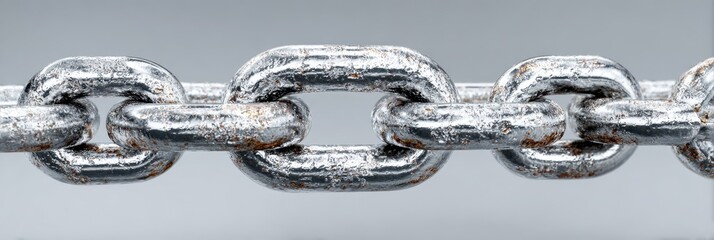 Metal chain link with rust and shine displayed against a gray background highlighting texture and strength
