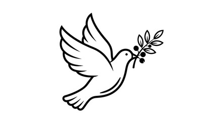 A simple black line art illustration of a flying dove carrying an olive branch, a symbol of peace.