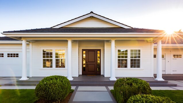 Elegant home exterior with craftsman details and inviting curb appeal bathed in warm sunlight a symbol of modern suburban living and architectural design