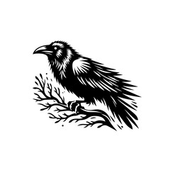 Fototapeta premium Stylized raven perched on a branch, isolated on white background