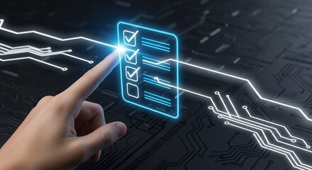 Hand Interacting with Futuristic Digital Barcode on Circuit Board Background Technology and Data Visualization Concept