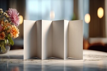Blank Accordion Folded Card on Marble Table with Flowers, Perfect for Design