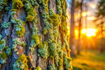 Obraz premium Close up of textured tree bark covered in vibrant green lichen with a golden sunset in the background