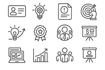 Startup Elements Icons. Line style icons of startup pitch elements: elevator pitch card, idea validation icon, problem statement