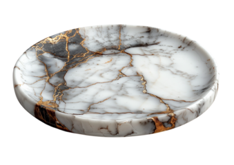 White marble coaster with gold edge minimalist round shape isolated on a transparent background