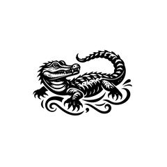 Alligator in water, black and white illustration, isolated on white background