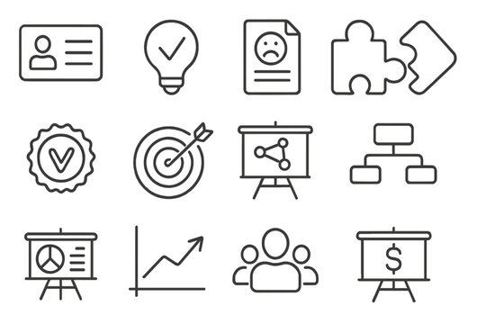 Startup Elements Icons. Line style icons of startup pitch elements: elevator pitch card, idea validation icon, problem statement