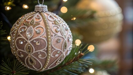 A beautifully decorated Christmas ornament hangs on a tree, surrounded by glowing lights and festive greenery.