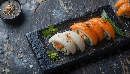 Premium Japanese sushi cuisine on rustic dark background.