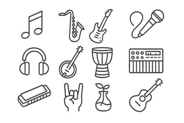 Obraz premium Music Genre Icons. Line style icons of music genres: classical note, jazz saxophone, rock guitar, hip-hop mic, pop headphones,