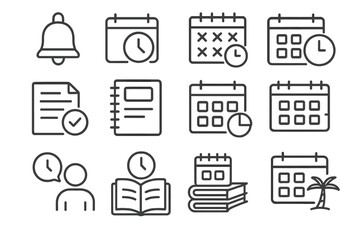 Academic Icon Set. Line style icons of school calendar and academic time: school bell, term start, exam week icon, class schedule,