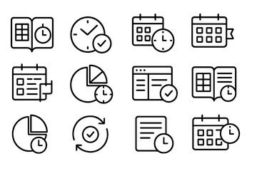 Time Management Icons. Line style icons of time management tools: time block planner, task clock icon, calendar sync, priority
