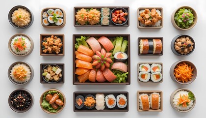 Various kind Japanese sushi cuisine bento on white background.