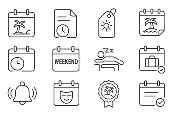 Holiday Icons Collection. Line style icons of holidays and time off: vacation calendar, time off request, public holiday tag,