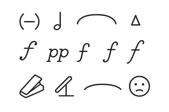 Musical Expression Icons. Line style icons of musical expression: dynamics icon, staccato note, legato line, accent mark,