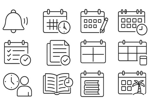 Academic Icon Set. Line style icons of school calendar and academic time: school bell, term start, exam week icon, class schedule,