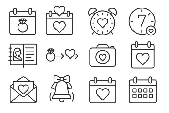 Wedding Date Icons. Line style icons of wedding and celebration dates: engagement calendar, save-the-date icon, big day alarm,