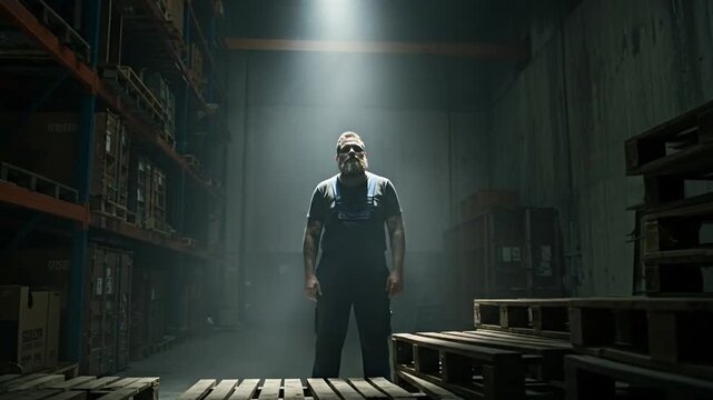 Strong industrial worker illuminated by a spotlight in a dark warehouse with storage racks and pallets