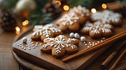 Gingerbread cookies shaped like snowflakes on a wooden platter. Decorated with white icing and surrounded by festive decorations. Warm, cozy atmosphere.