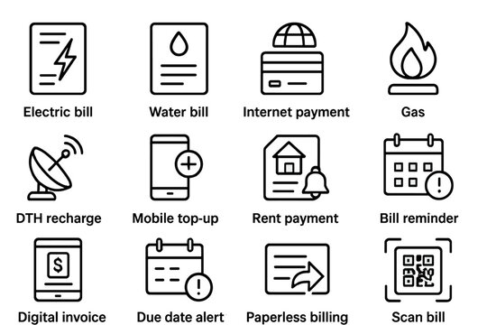Bill Payment Icons. Line style icons of bill payment and utilities: electricity bill, water bill, internet payment, gas icon, DTH