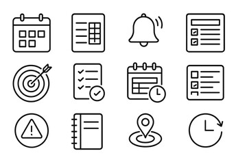 Planning Icons Collection. Line style icons of scheduling and planning: calendar icon, class schedule, reminder icon, study