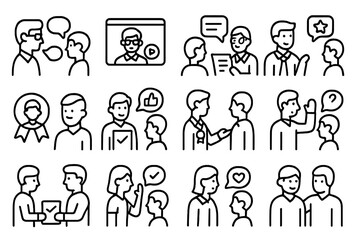 Teacher-Student Icon Interaction. Line style icons of teacher-student interaction: one-on-one chat, video reply, assignment