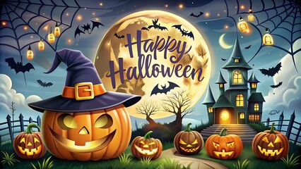 Fototapeta premium A cheerful carved pumpkin wearing a witch hat stands in front of a haunted house under a full moon on halloween night, with bats flying and lanterns glowing