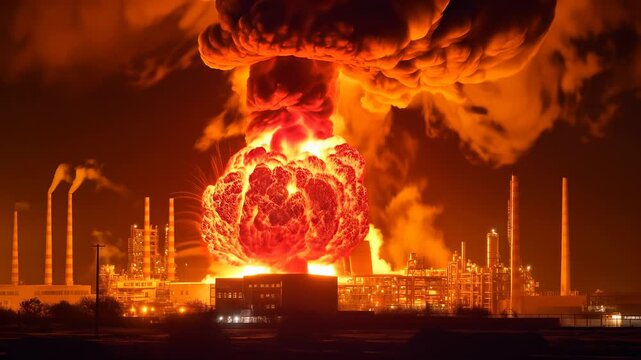 A dramatic image of a raging industrial fire at night captures the intensity of human innovation and the potential dangers of industrial activity in a densely populated area.