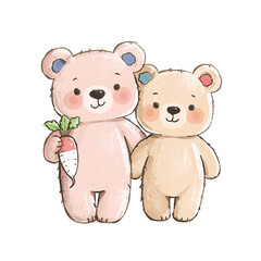 Naklejka premium Whimsical bear duo with carrot watercolor illustration for playful designs
