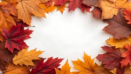 A circular frame made of vibrant autumn leaves in shades of red, orange, and yellow, set against a clean white background for copyspace