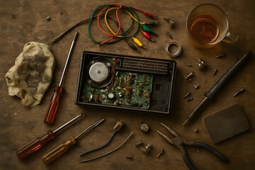 “Radio Repair Stall Table” — Chaotic Layout of Electronic Components, Oily Cloths, and Loose Screws_2