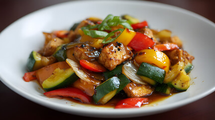 Stir-fry with bell peppers, onions, and zucchini in a white bowl. Vibrant vegetarian meal perfect for healthy lifestyle visuals.