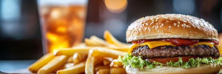 Delicious cheeseburger with crispy golden fries and refreshing drink, perfect fast food meal idea
