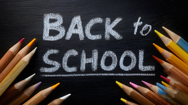 Colored pencils arranged around chalk text “Back to School” on blackboard background, creative education concept. - Powered by Adobe