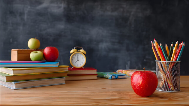 School classroom interior with desk, apple, books, alarm clock, pencils and blackboard in background.